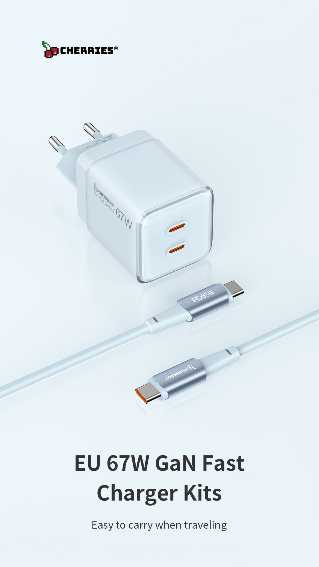 Cherries 67W USB-C Fast Charger + USB-C Cable – Ice Blue
