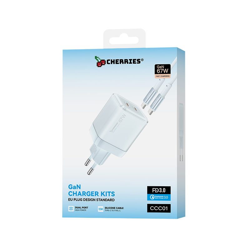 Cherries 67W USB-C Fast Charger + USB-C Cable – Ice Blue